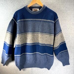 Vintage Tundra Sweater Men's Large Blue Gray Striped Knitted Crew Neck Pullover